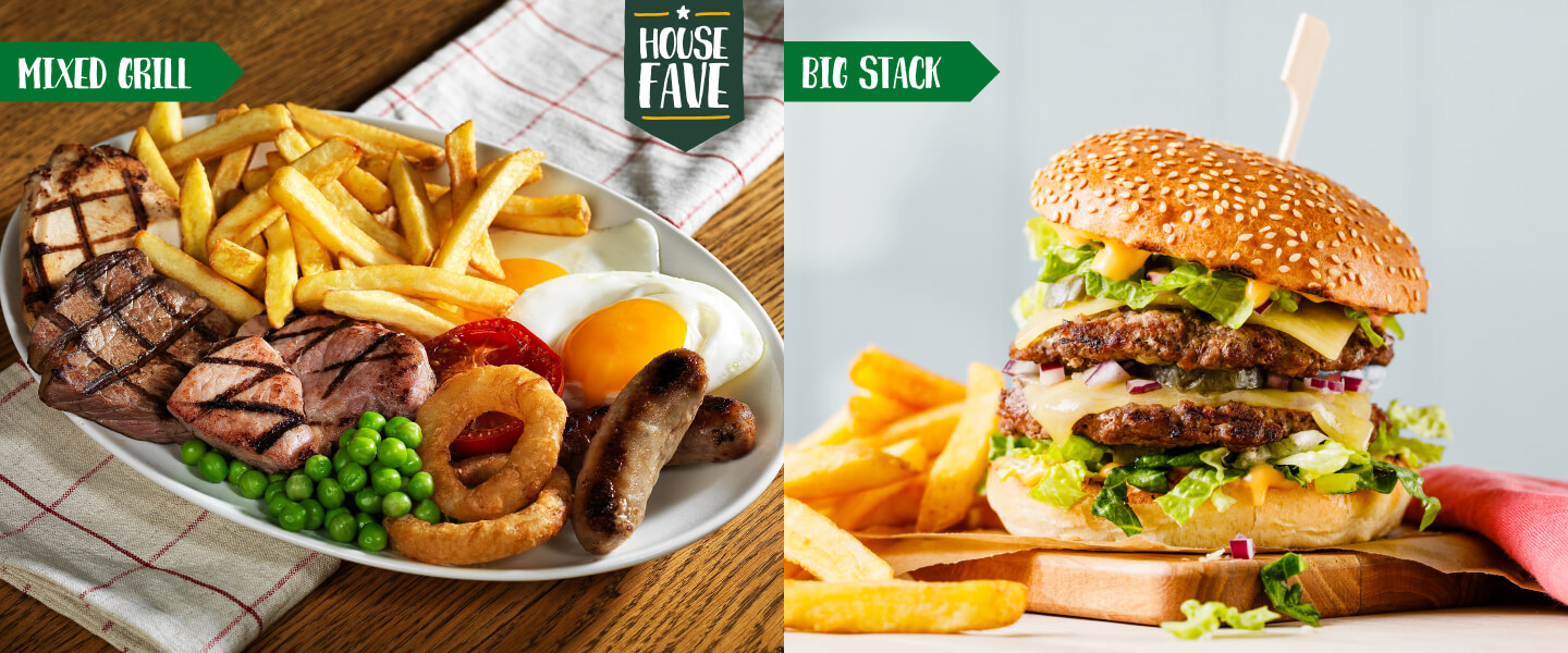 Table Table menu item of a Mixed Grill on a white plate with fried eggs, mushrooms, tomatoes, peas, chips, steak, gammon, chicken and sausage and A Table Table beef burger with lettuce, red onion and cheese in a sesame bun with chips.